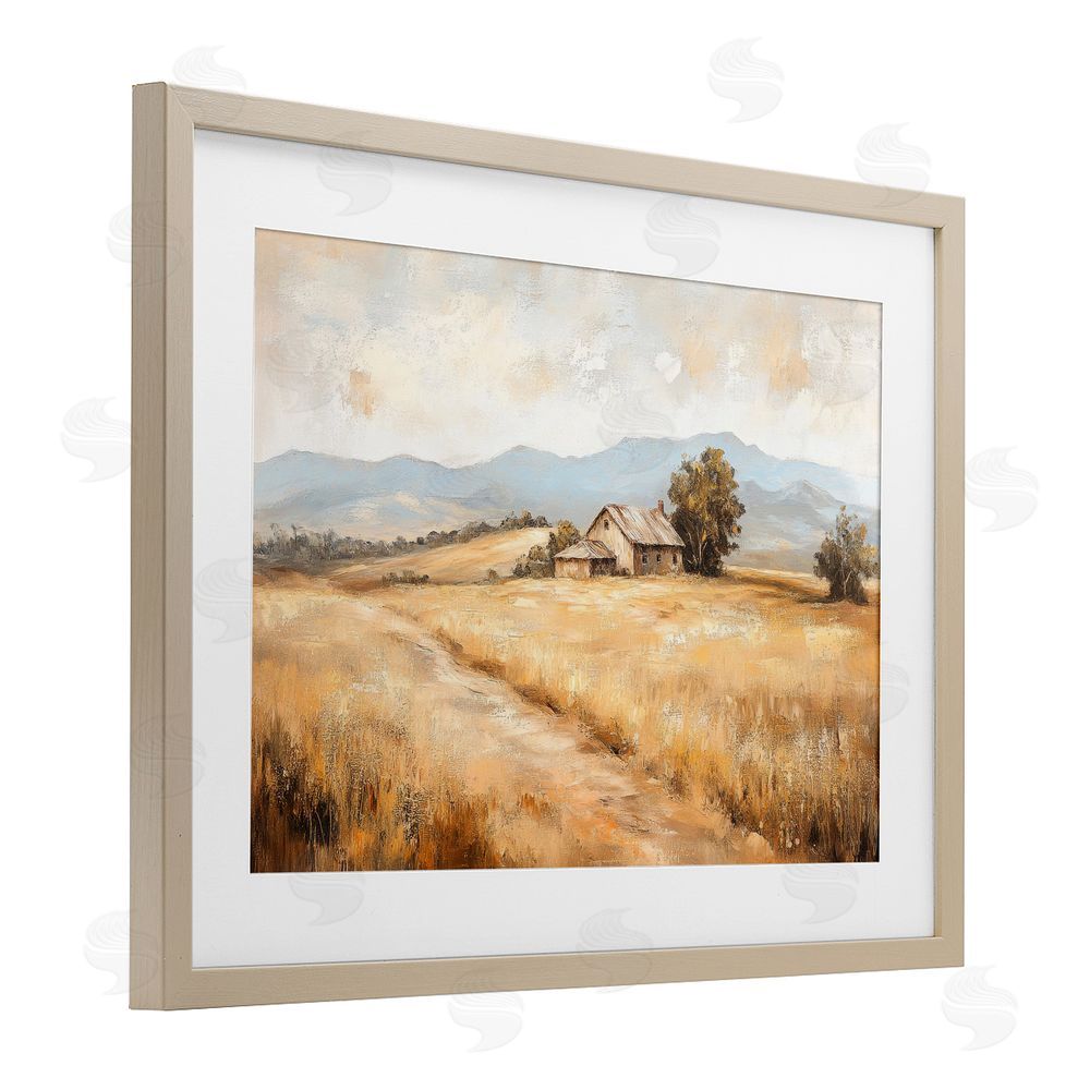 Petal Prints Design Western Landscape Open Field Birch Framed Print Under Glass with White Mat Wall Art
