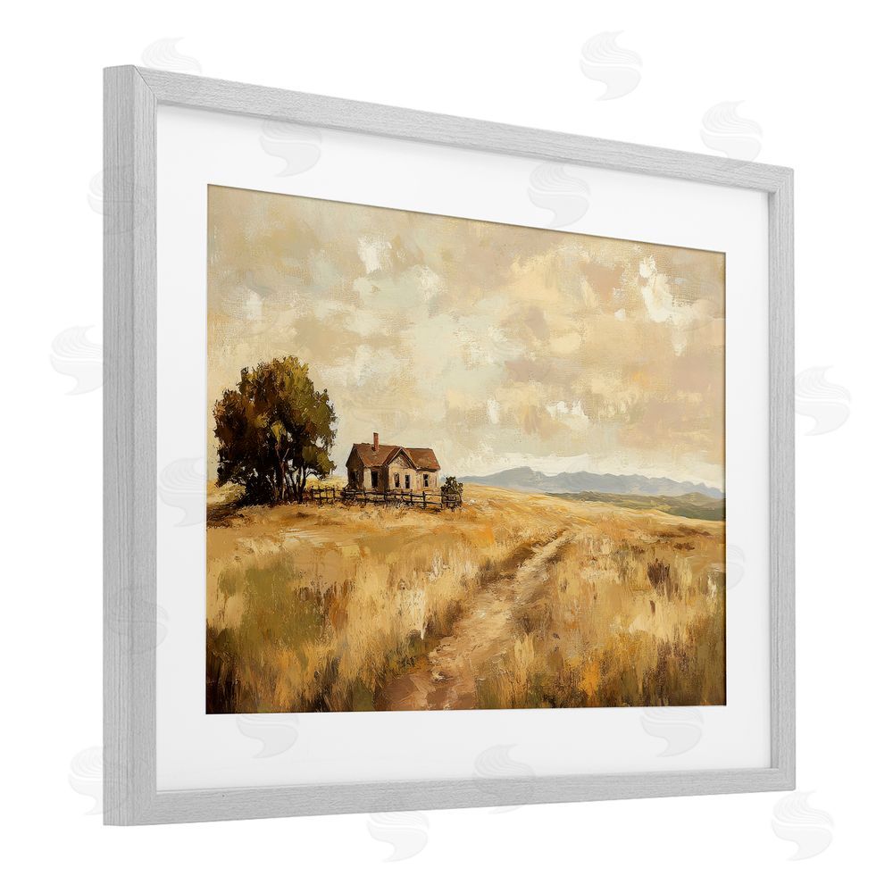 Petal Prints Design Western Landscape Farmhouse Hill Gray Framed Print Under Glass with White Mat Wall Art