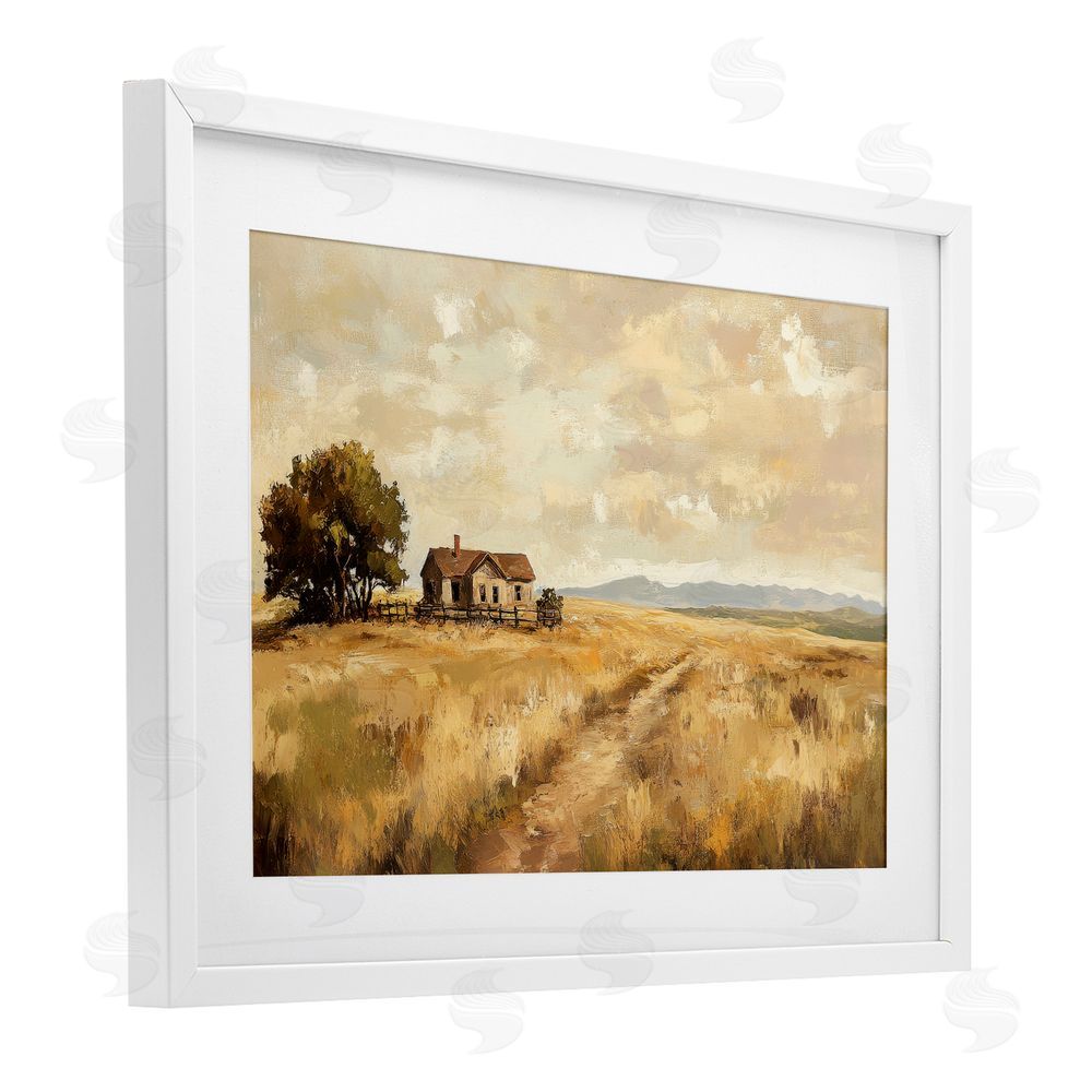 Petal Prints Design Western Landscape Farmhouse Hill White Framed Print Under Glass with Mat Wall Art