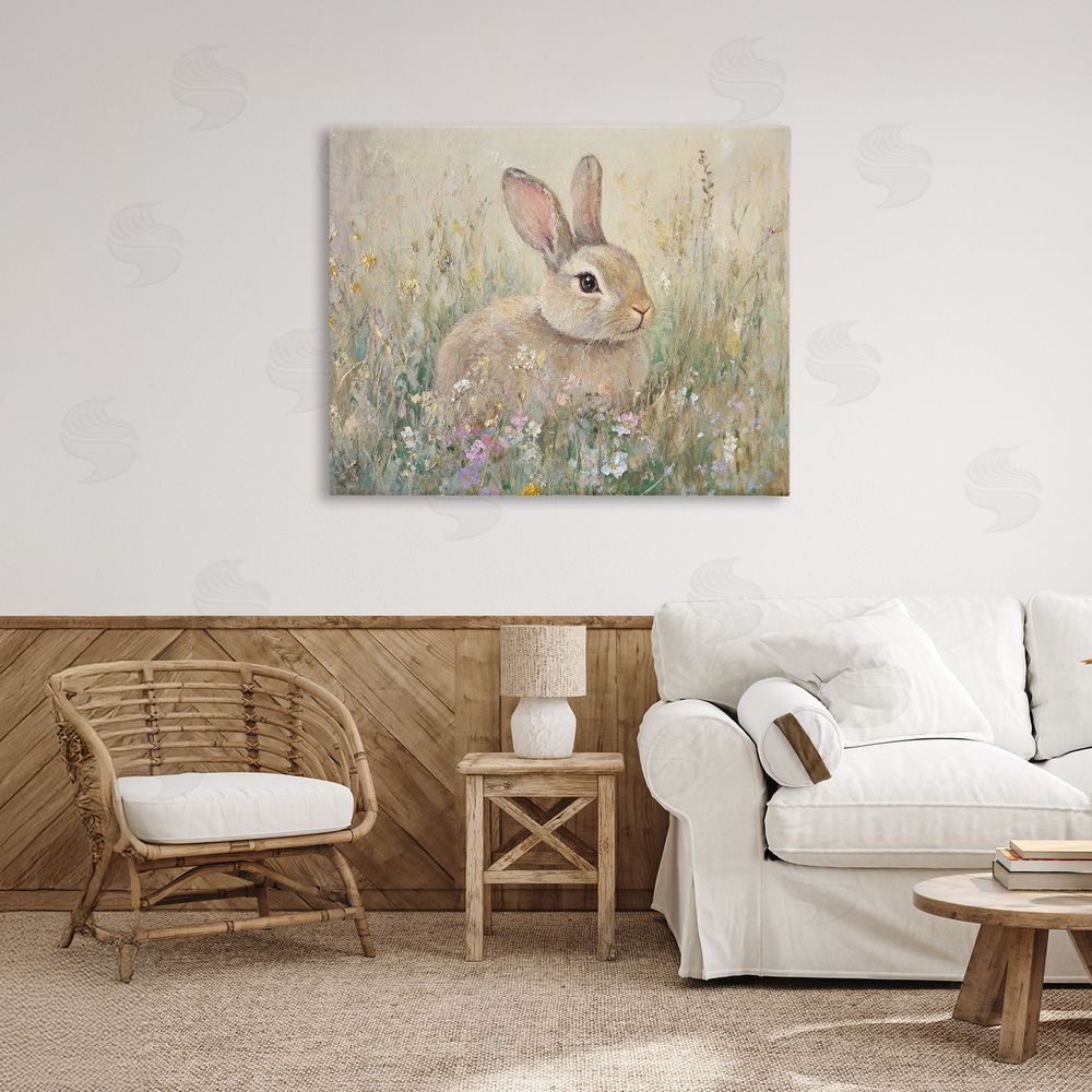 Petal Prints Design Soft Color Rabbit in Meadow Canvas Art on Wall