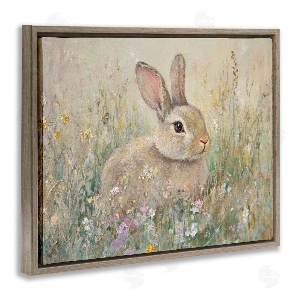 Petal Prints Design Soft Color Rabbit in Meadow Brown Floating Frame Canvas Wall Art Print