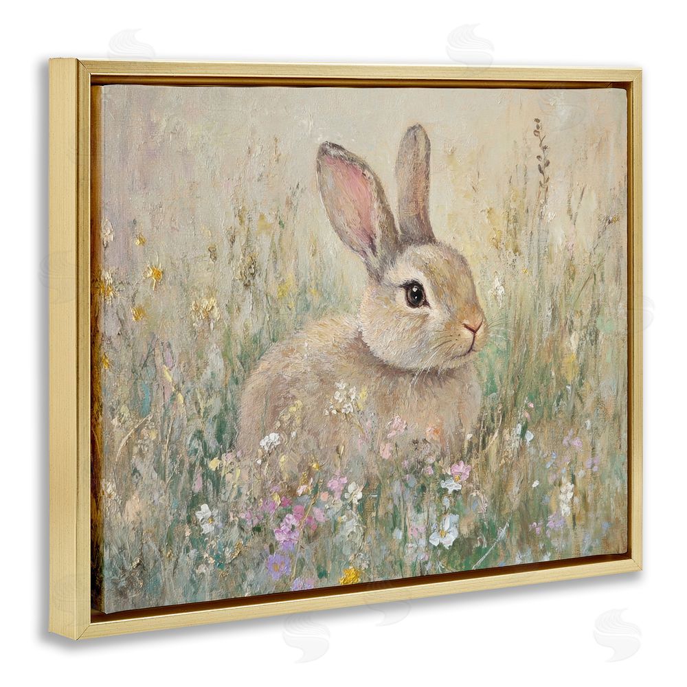 Petal Prints Design Soft Color Rabbit in Meadow Gold Floating Frame Canvas Wall Art Print