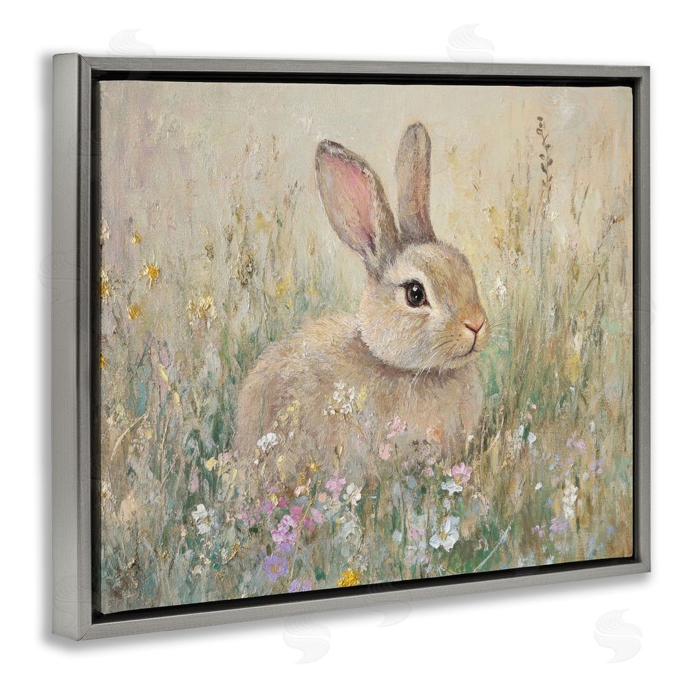 Petal Prints Design Soft Color Rabbit in Meadow Gray Floating Frame Canvas Wall Art Print