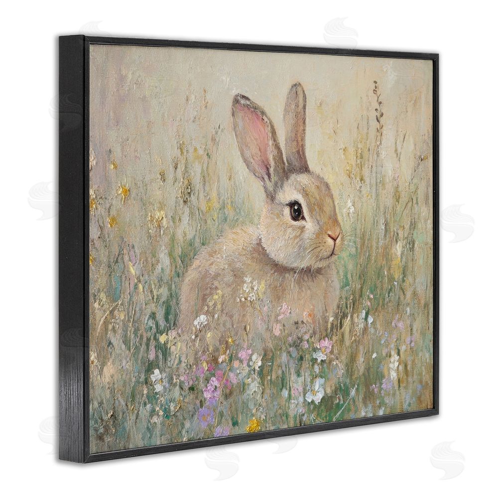 Petal Prints Design Soft Color Rabbit in Meadow Black Framed Giclee Wall Art Print