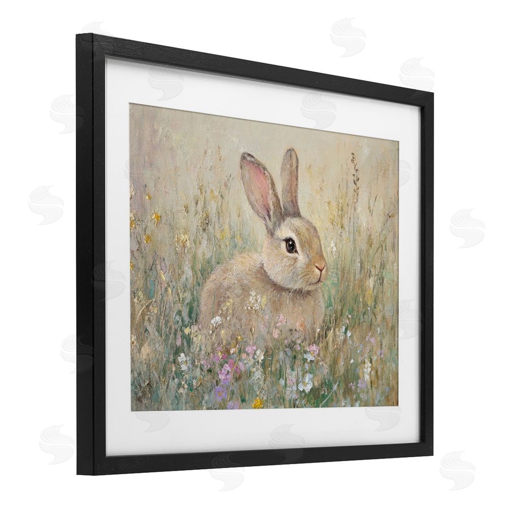 Petal Prints Design Soft Color Rabbit in Meadow Black Framed Print Under Glass with White Mat Wall Art