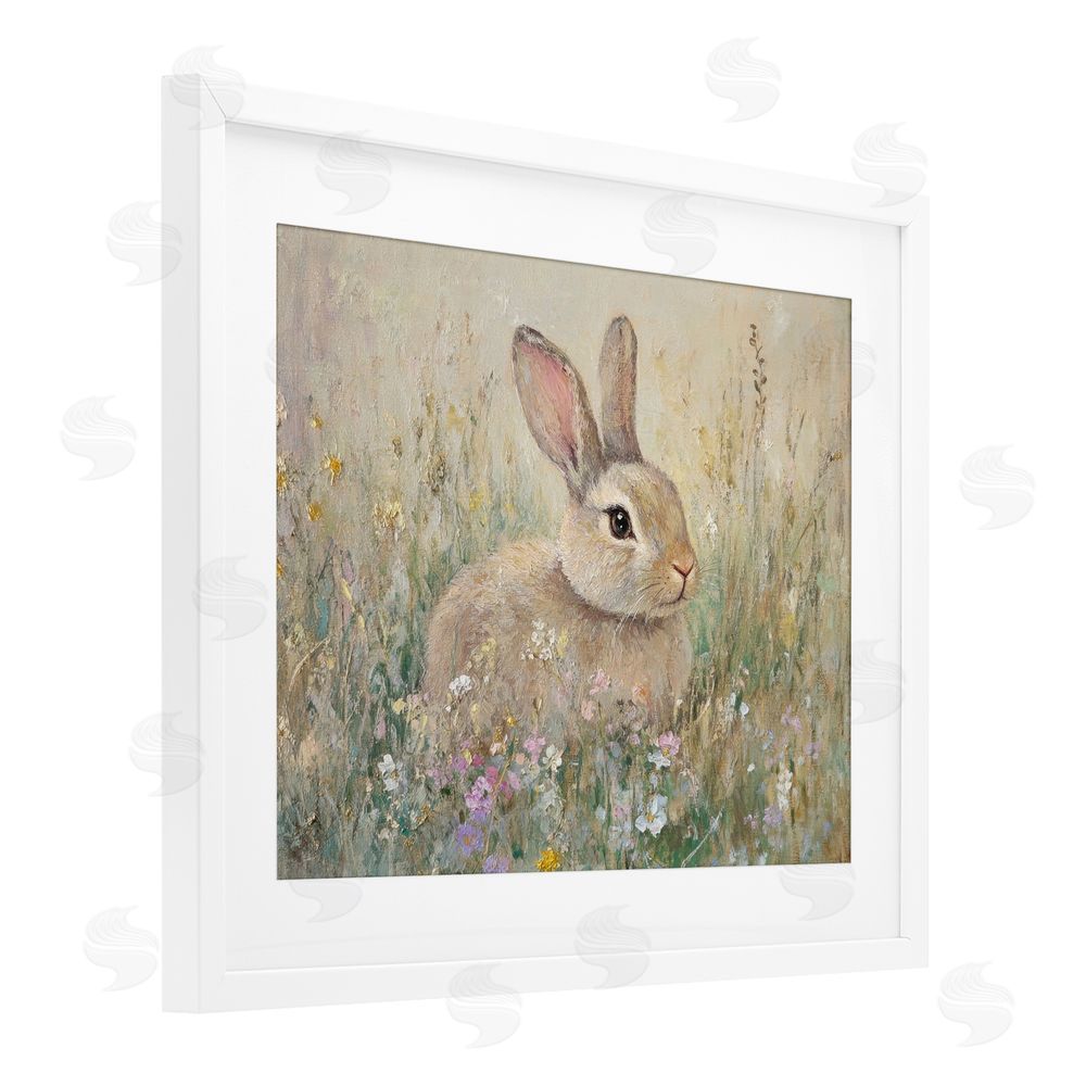 Petal Prints Design Soft Color Rabbit in Meadow White Framed Print Under Glass with Mat Wall Art