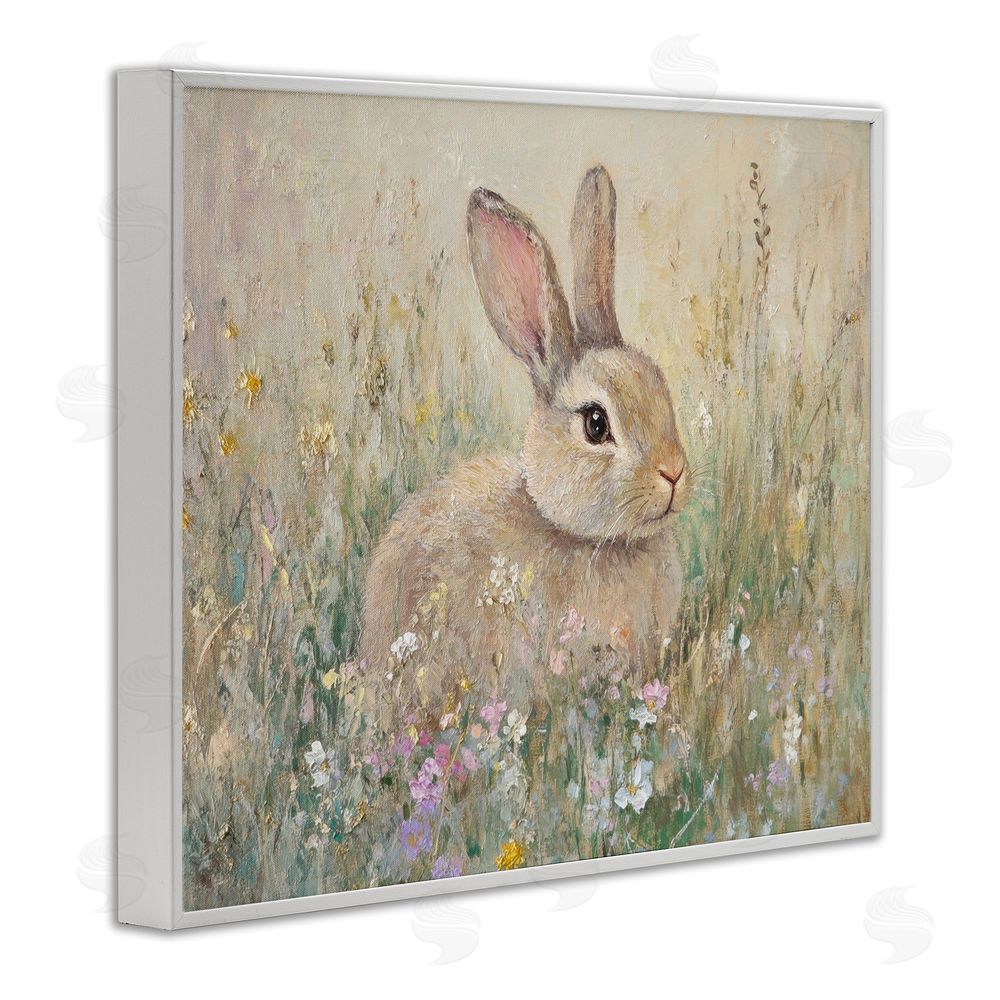 Petal Prints Design Soft Color Rabbit in Meadow White Framed Giclee Wall Art Print