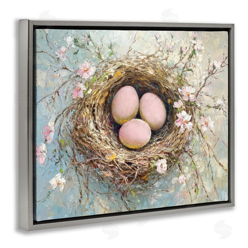 Petal Prints Design Pink Easter Egg Nest Gray Floating Frame Canvas Wall Art Print
