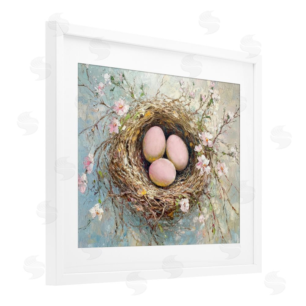 Petal Prints Design Pink Easter Egg Nest White Framed Print Under Glass with Mat Wall Art