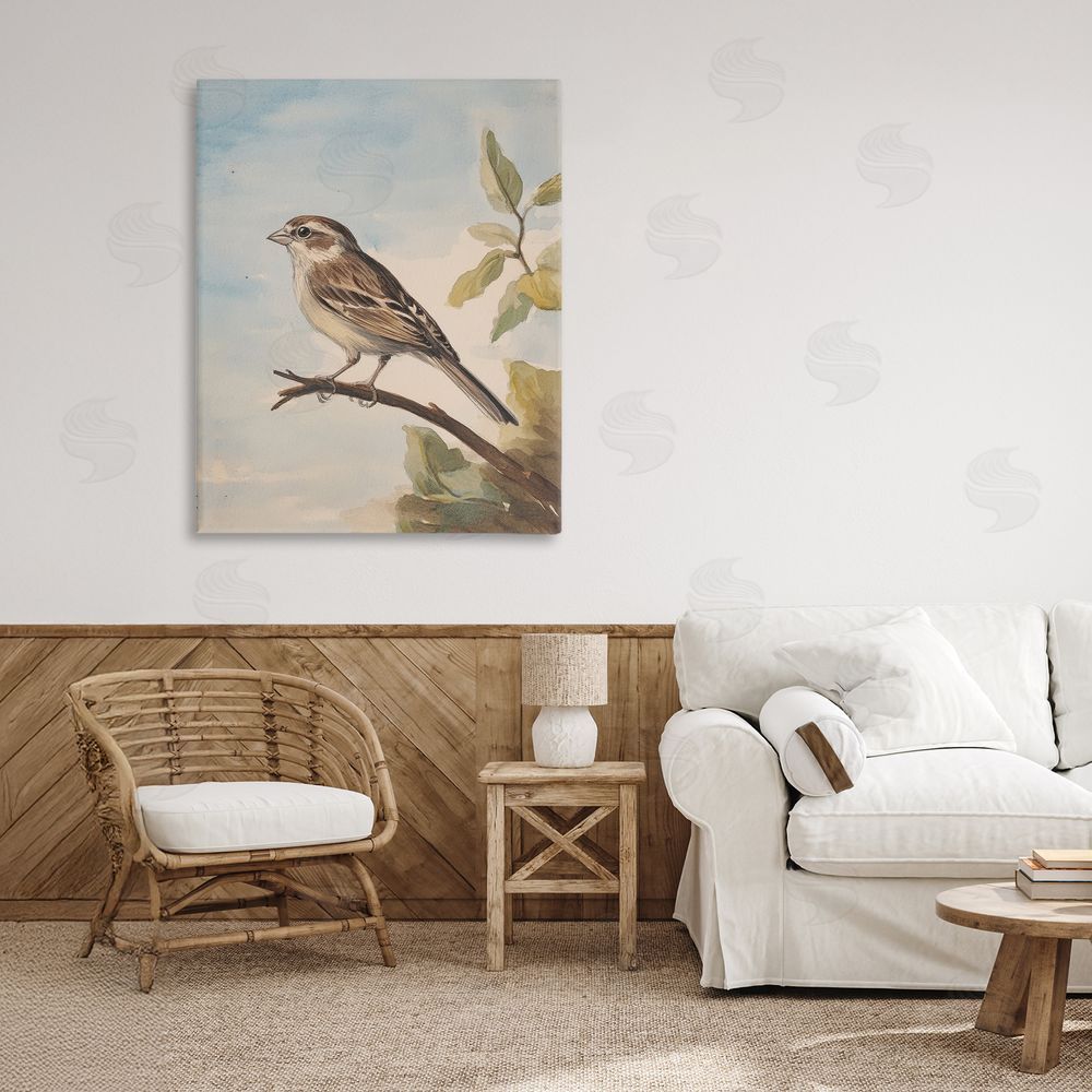 Petal Prints Design Brown Bird Perched on Branch Canvas Art on Wall