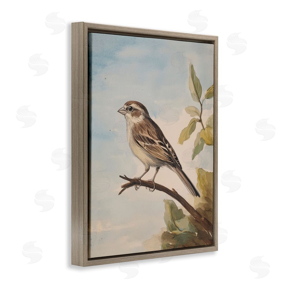 Petal Prints Design Brown Bird Perched on Branch Brown Floating Frame Canvas Wall Art Print