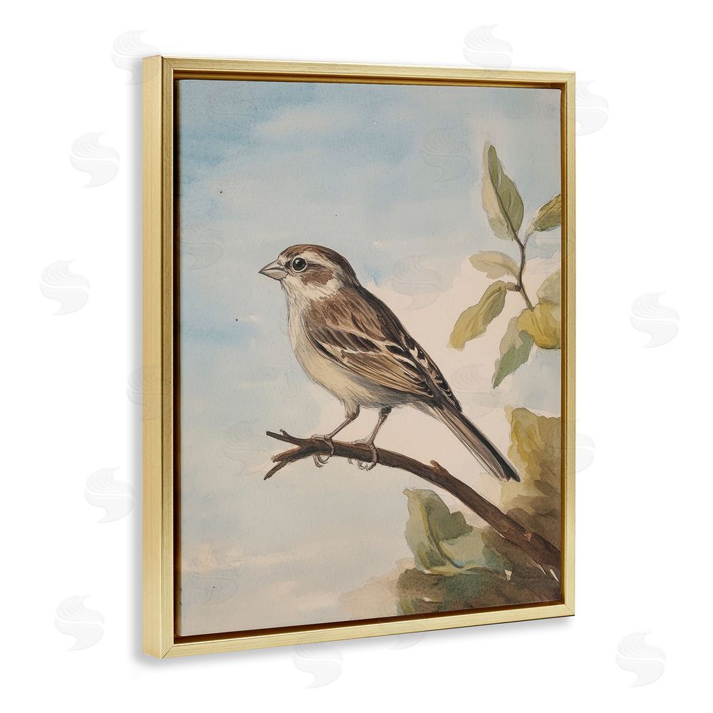 Petal Prints Design Brown Bird Perched on Branch Gold Floating Frame Canvas Wall Art Print