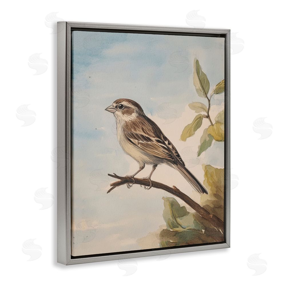 Petal Prints Design Brown Bird Perched on Branch Gray Floating Frame Canvas Wall Art Print