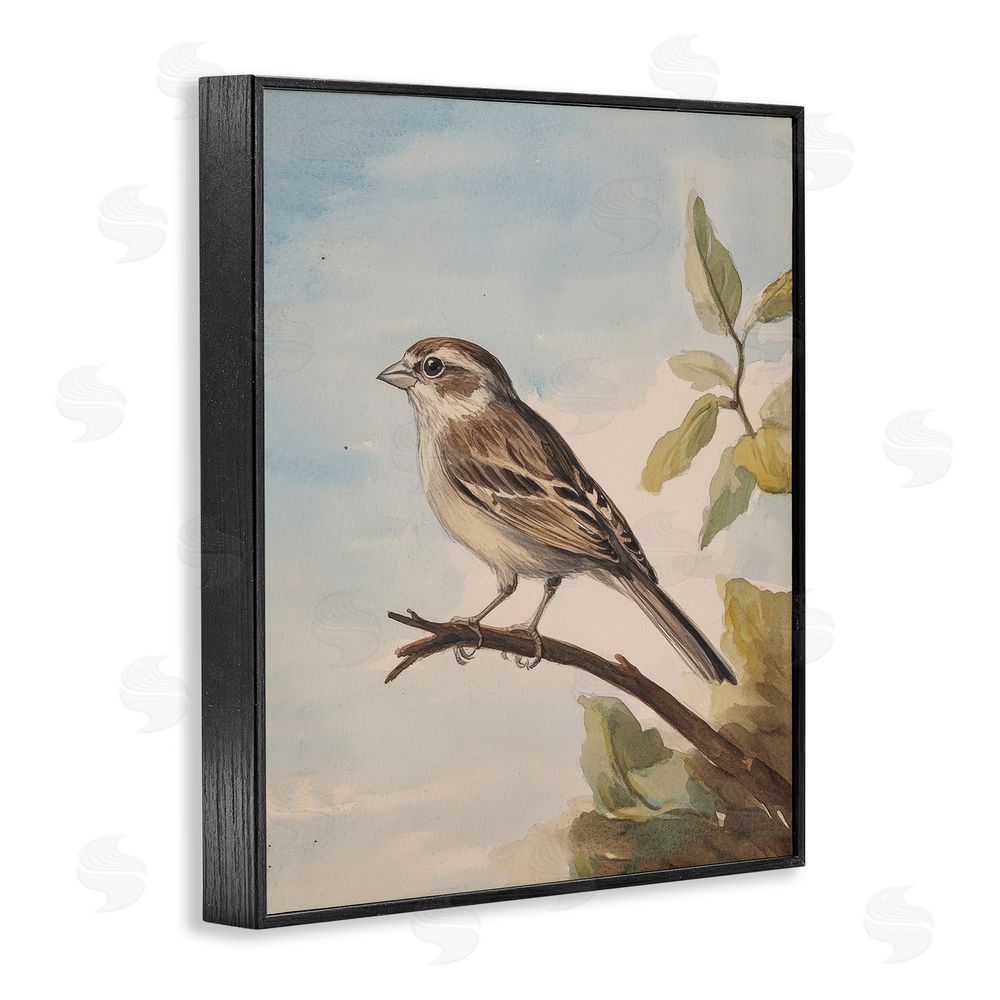 Petal Prints Design Brown Bird Perched on Branch Black Framed Giclee Wall Art Print