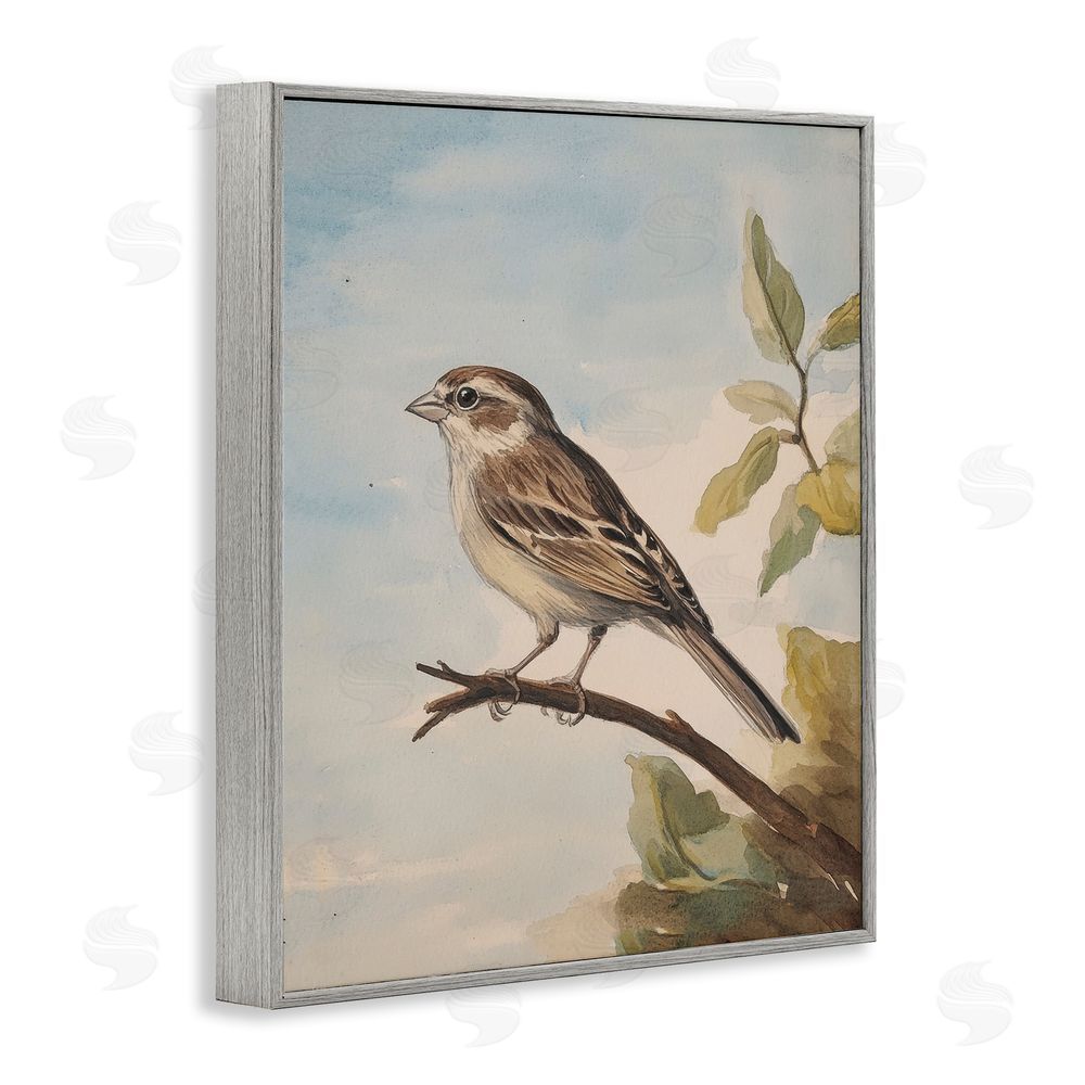 Petal Prints Design Brown Bird Perched on Branch Gray Framed Giclee Wall Art Print