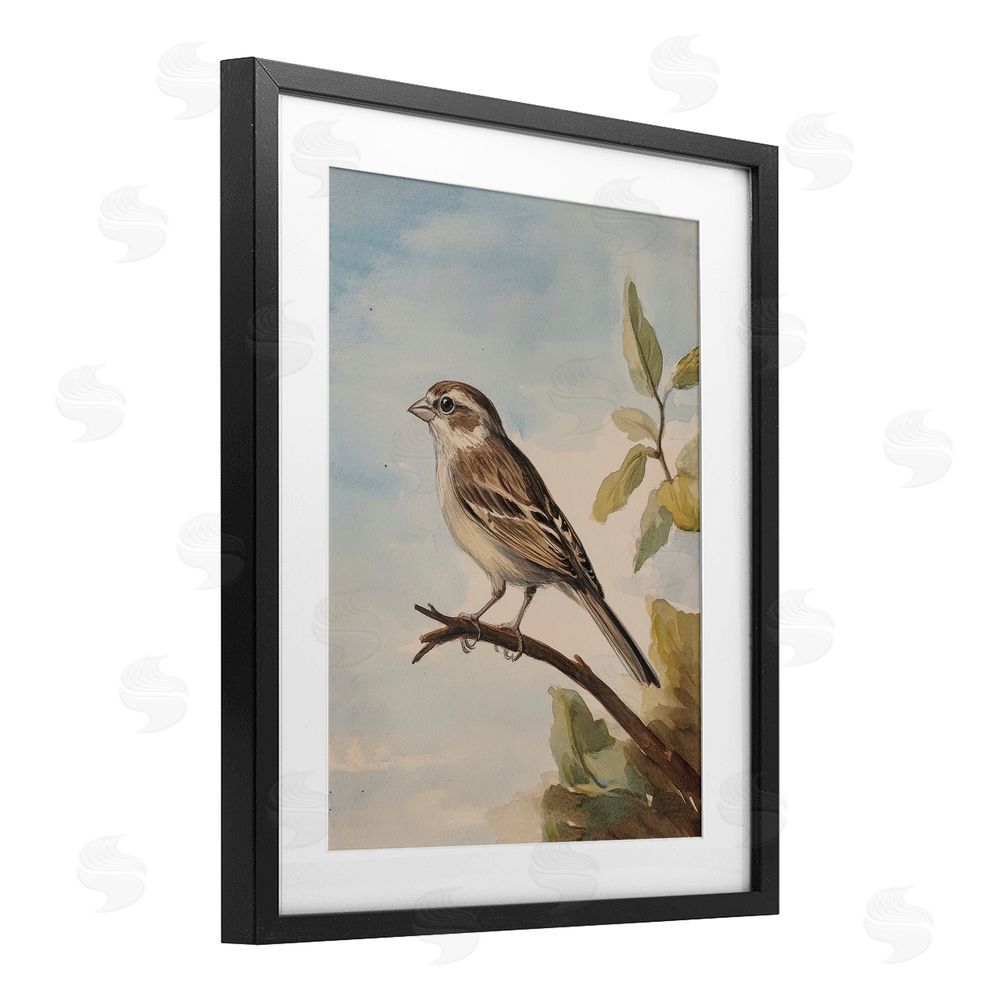 Petal Prints Design Brown Bird Perched on Branch Black Framed Print Under Glass with White Mat Wall Art