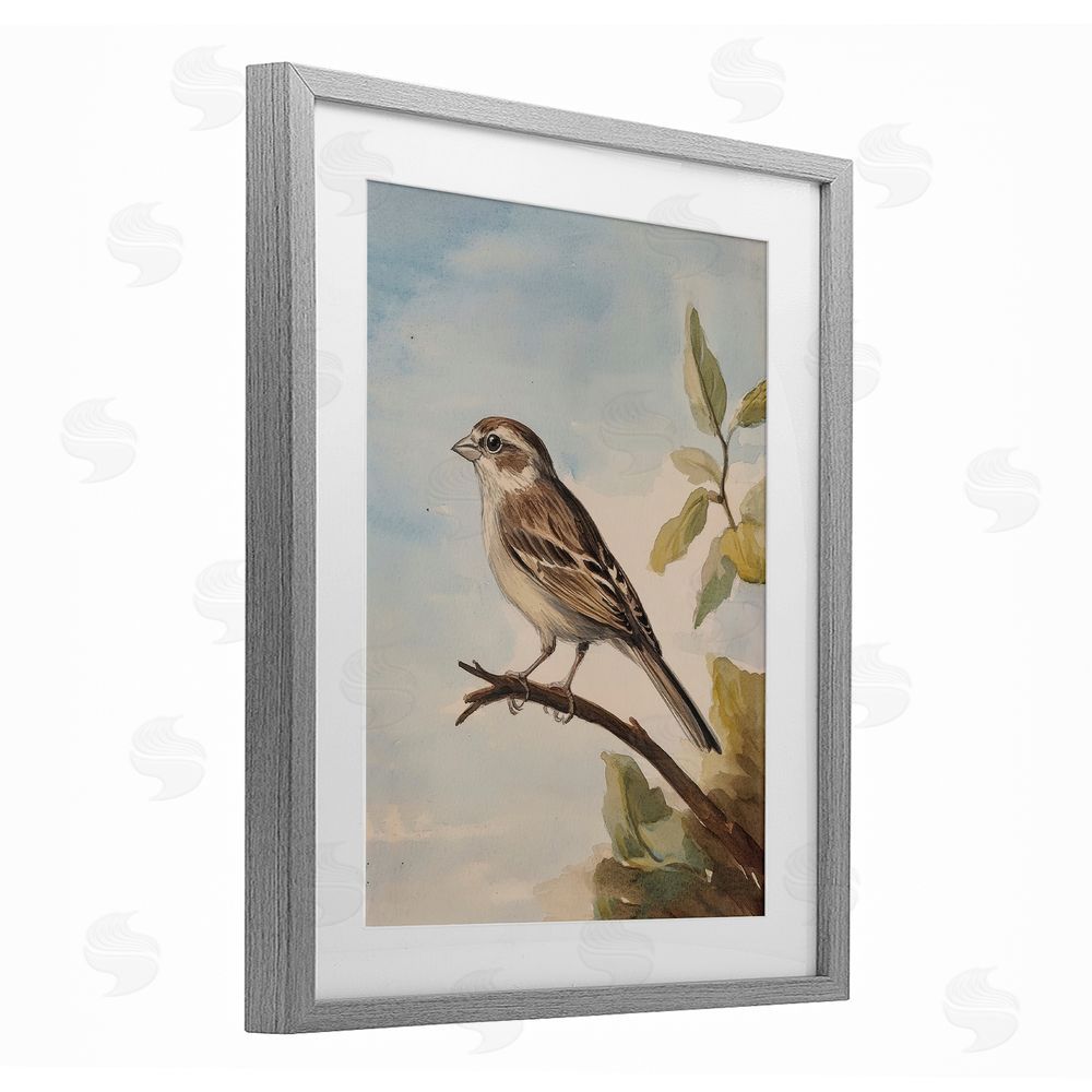 Petal Prints Design Brown Bird Perched on Branch Gray Framed Print Under Glass with White Mat Wall Art