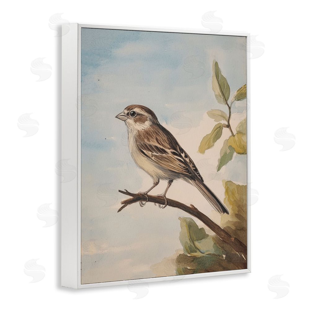 Petal Prints Design Brown Bird Perched on Branch White Framed Giclee Wall Art Print