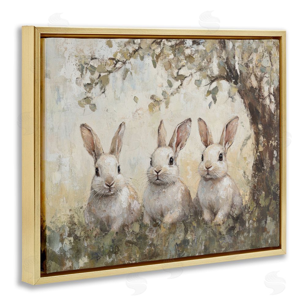 Petal Prints Design Fairytale Bunnies under Tree Gold Floating Frame Canvas Wall Art Print