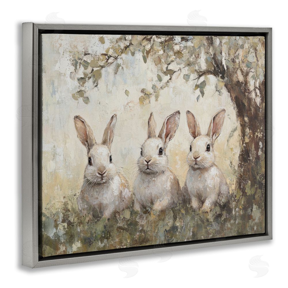 Petal Prints Design Fairytale Bunnies under Tree Gray Floating Frame Canvas Wall Art Print