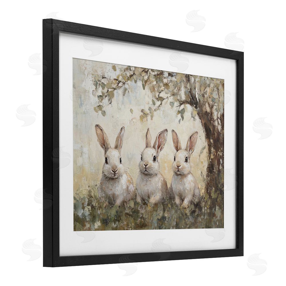 Petal Prints Design Fairytale Bunnies under Tree Black Framed Print Under Glass with White Mat Wall Art