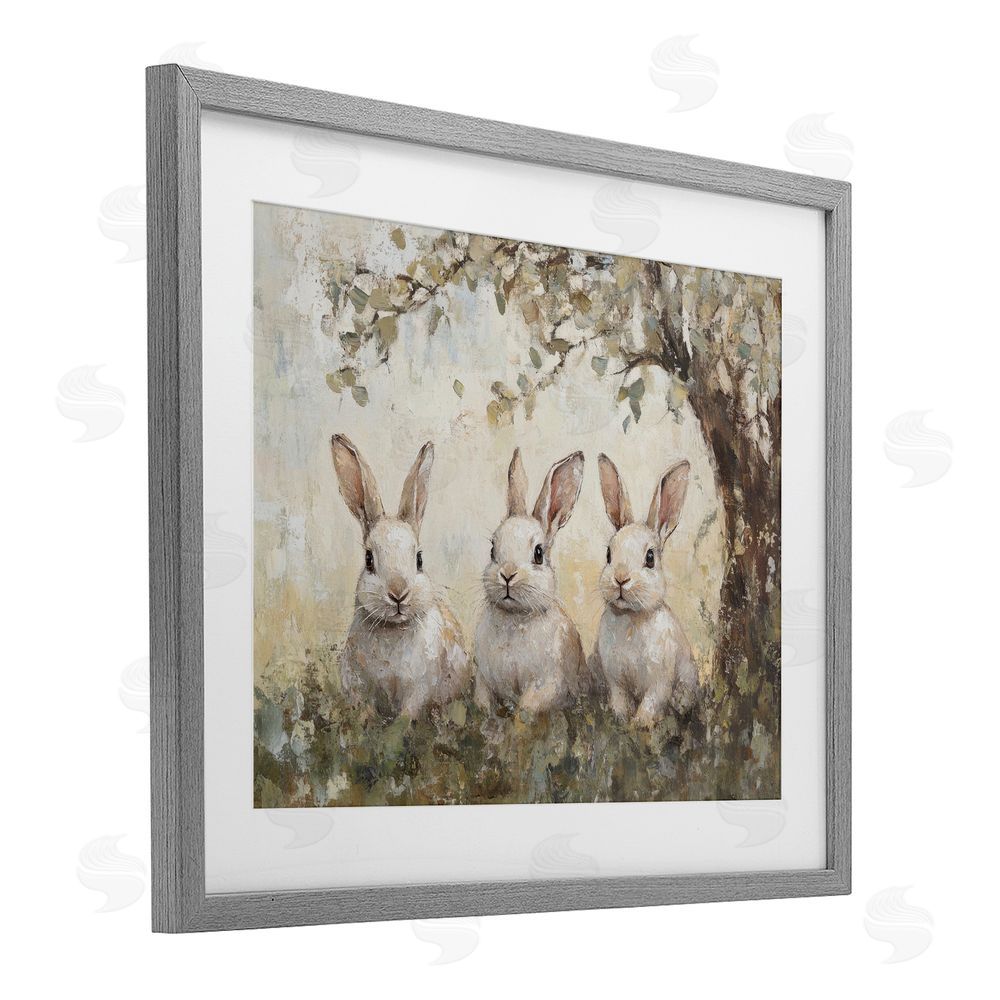 Petal Prints Design Fairytale Bunnies under Tree Gray Framed Print Under Glass with White Mat Wall Art