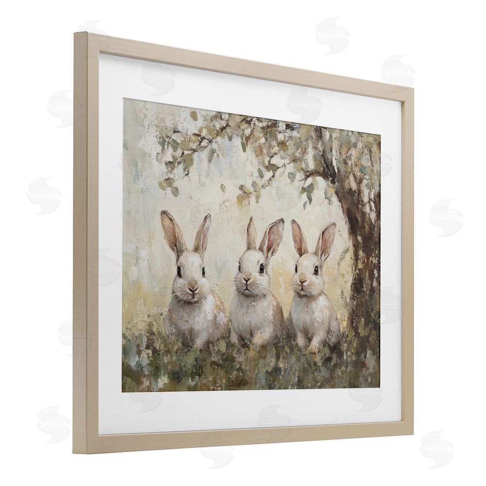 Petal Prints Design Fairytale Bunnies under Tree Birch Framed Print Under Glass with White Mat Wall Art
