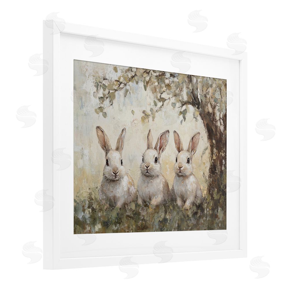 Petal Prints Design Fairytale Bunnies under Tree White Framed Print Under Glass with Mat Wall Art