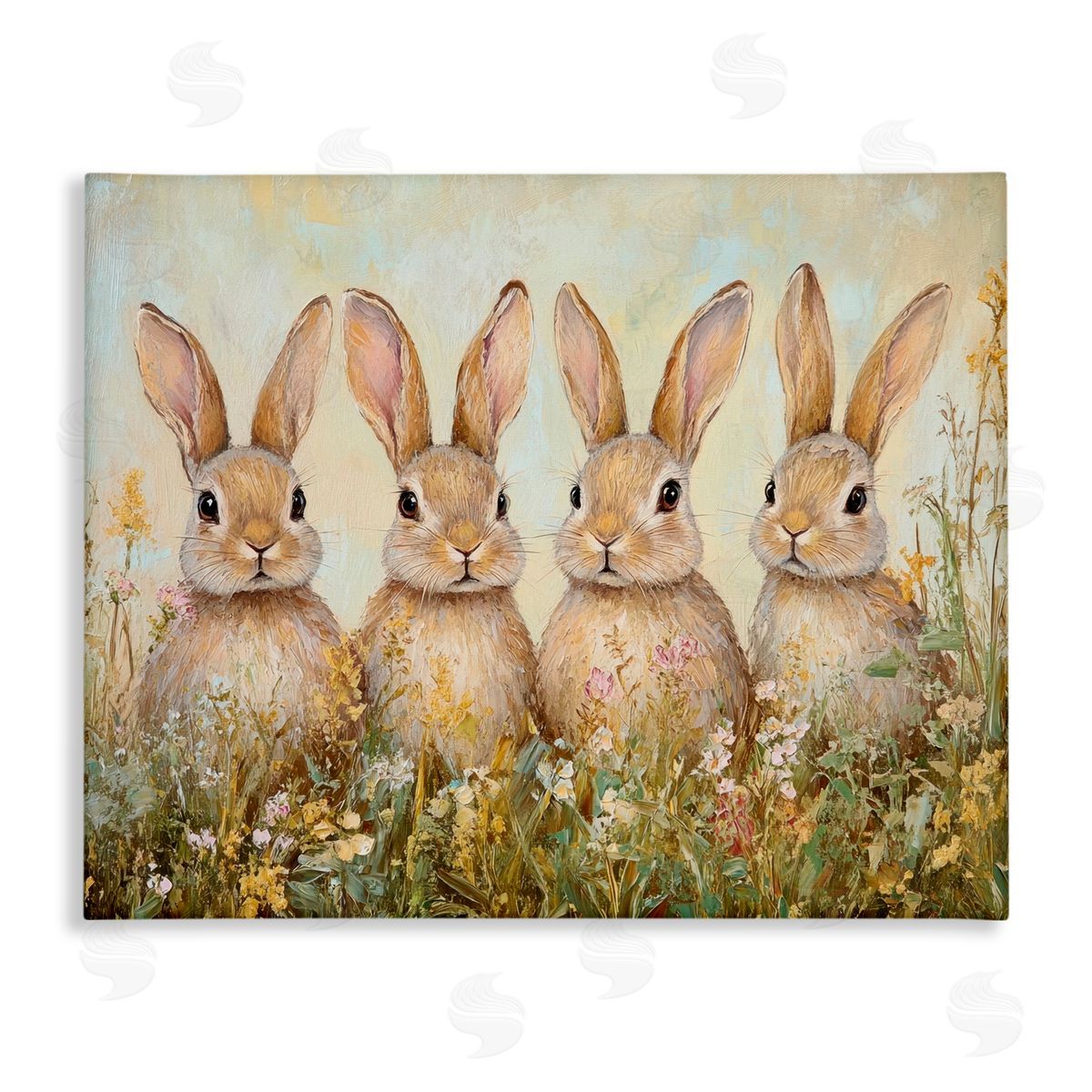 Petal Prints Design Four Bunnies in Flowers Canvas Wall Art Print