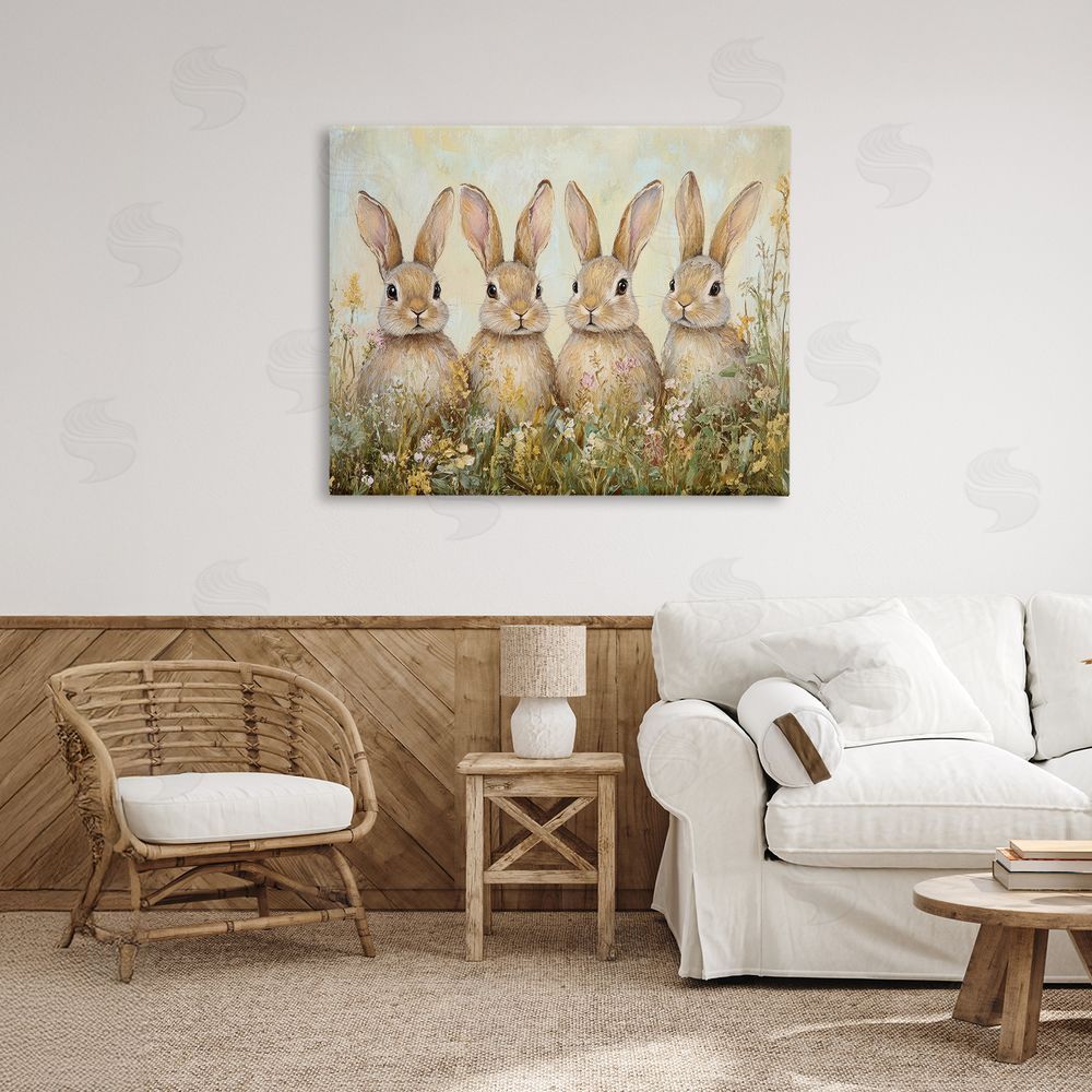 Petal Prints Design Four Bunnies in Flowers Canvas Art on Wall
