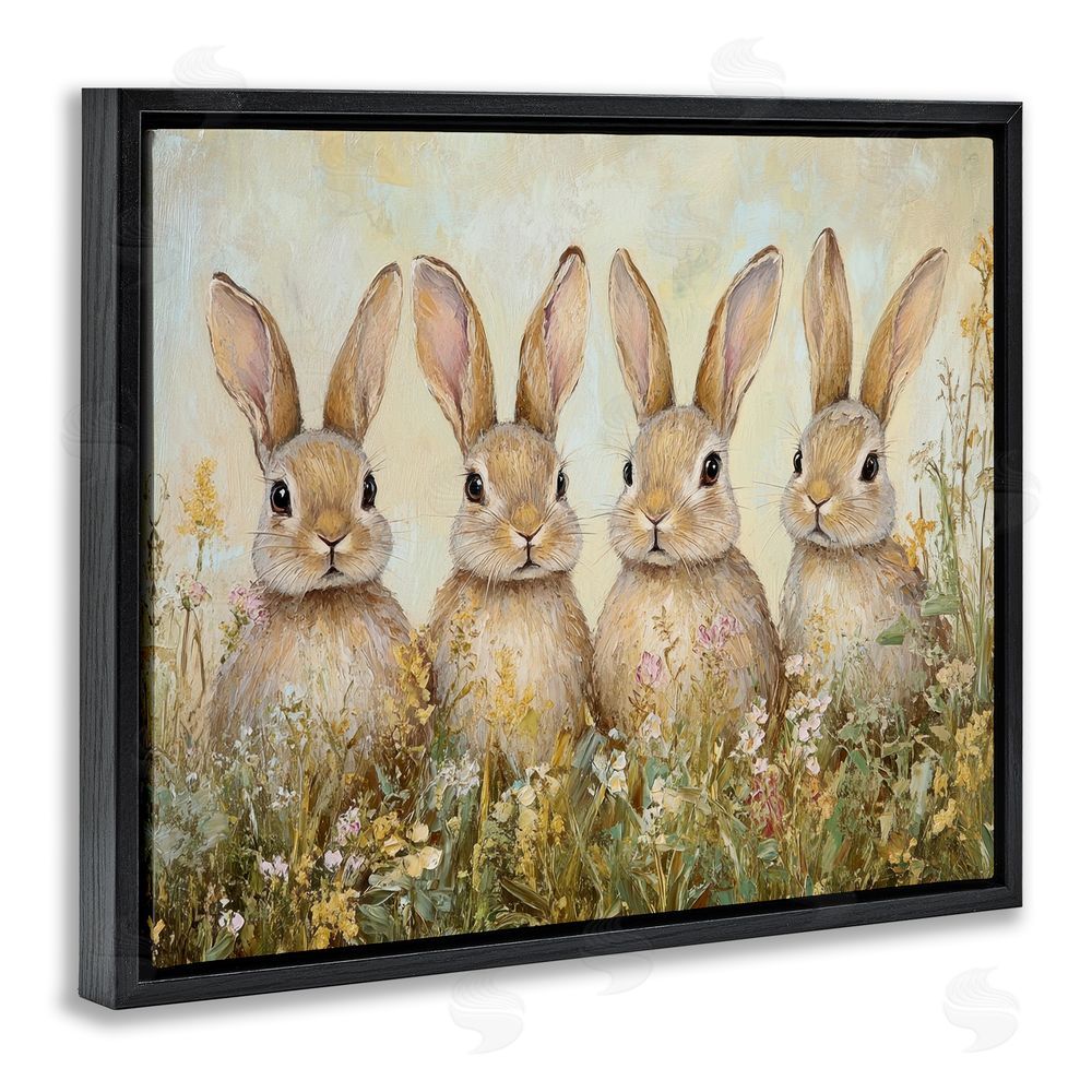 Petal Prints Design Four Bunnies in Flowers Black Floating Frame Canvas Wall Art Print
