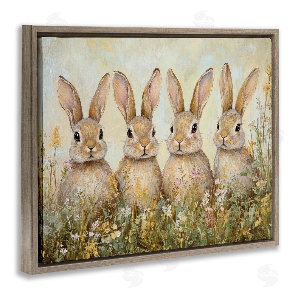 Petal Prints Design Four Bunnies in Flowers Brown Floating Frame Canvas Wall Art Print