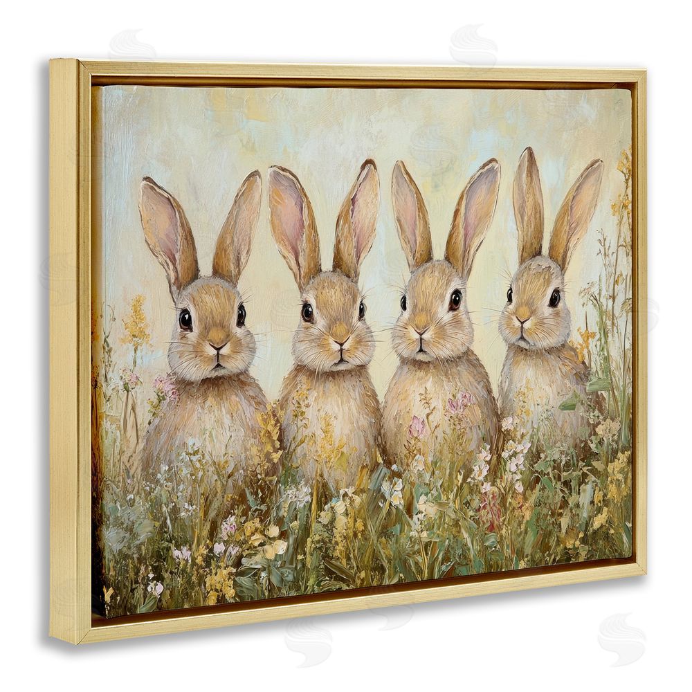 Petal Prints Design Four Bunnies in Flowers Gold Floating Frame Canvas Wall Art Print