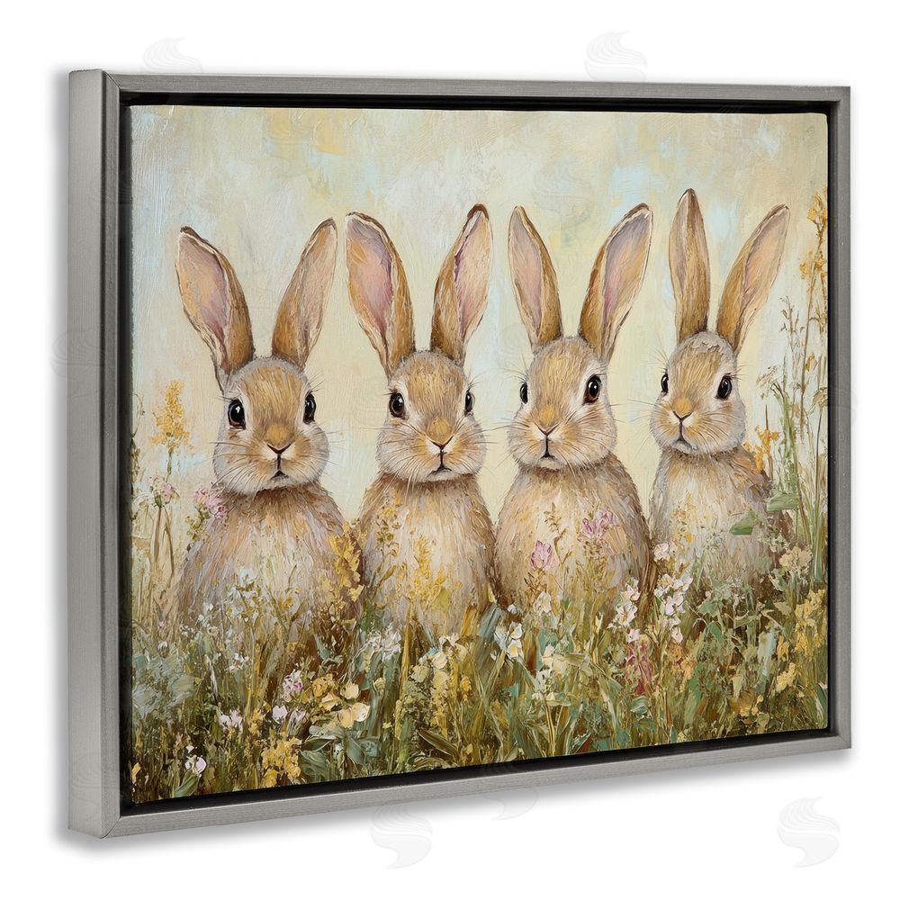 Petal Prints Design Four Bunnies in Flowers Gray Floating Frame Canvas Wall Art Print