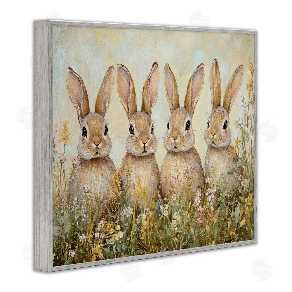 Petal Prints Design Four Bunnies in Flowers Gray Framed Giclee Wall Art Print