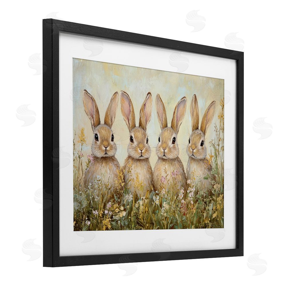 Petal Prints Design Four Bunnies in Flowers Black Framed Print Under Glass with White Mat Wall Art