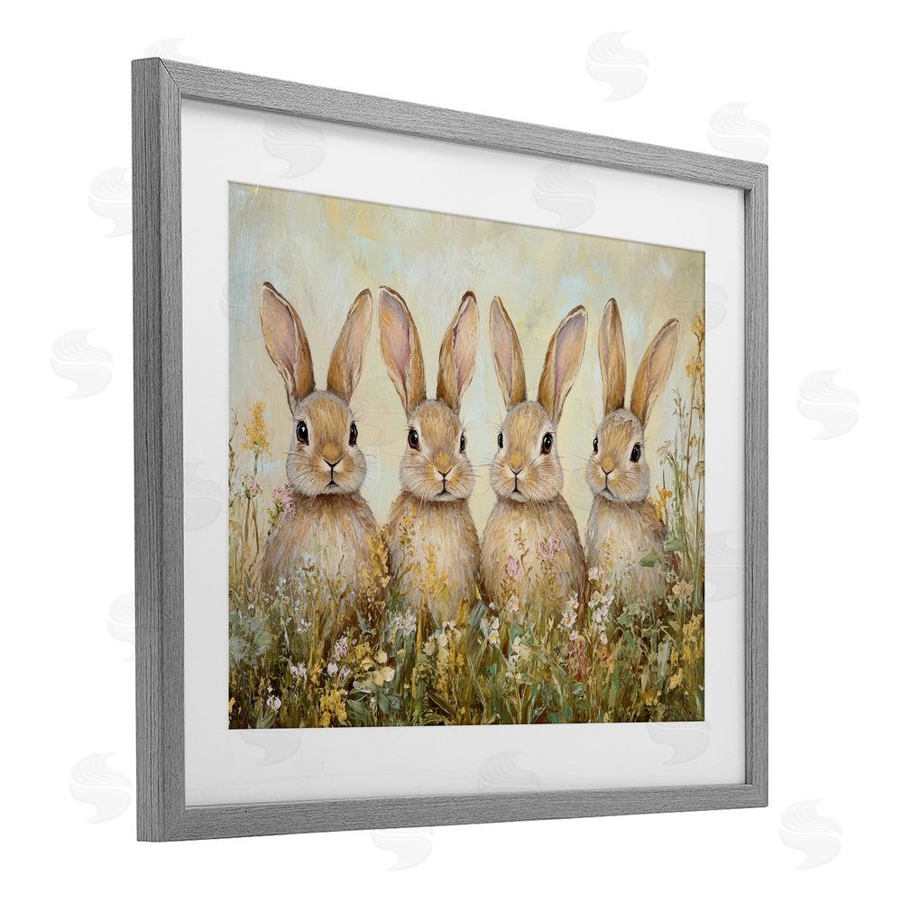 Petal Prints Design Four Bunnies in Flowers Gray Framed Print Under Glass with White Mat Wall Art