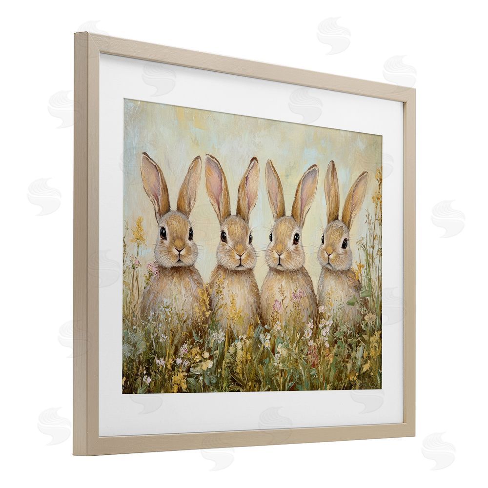Petal Prints Design Four Bunnies in Flowers Birch Framed Print Under Glass with White Mat Wall Art