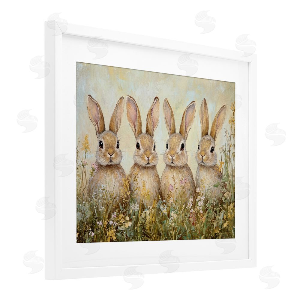 Petal Prints Design Four Bunnies in Flowers White Framed Print Under Glass with Mat Wall Art