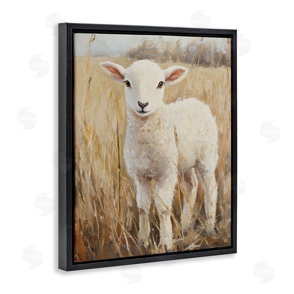Petal Prints Design Curly Lamb in Grassy Field Black Floating Frame Canvas Wall Art Print