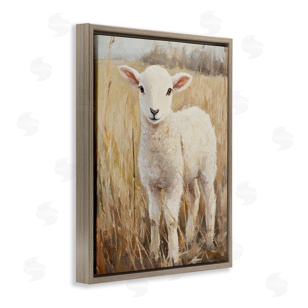 Petal Prints Design Curly Lamb in Grassy Field Brown Floating Frame Canvas Wall Art Print