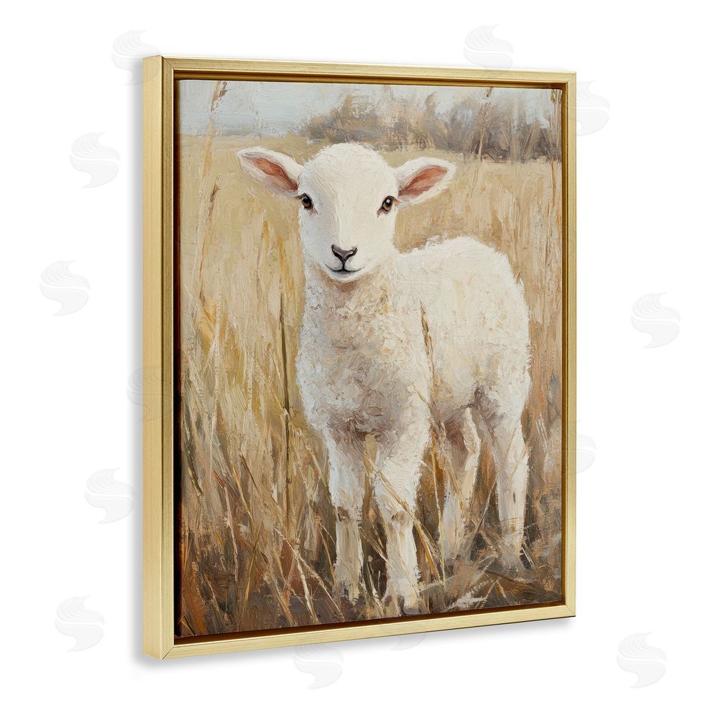 Petal Prints Design Curly Lamb in Grassy Field Gold Floating Frame Canvas Wall Art Print
