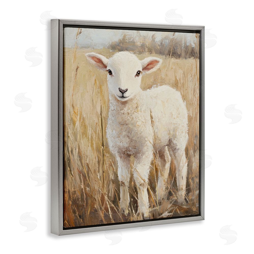 Petal Prints Design Curly Lamb in Grassy Field Gray Floating Frame Canvas Wall Art Print