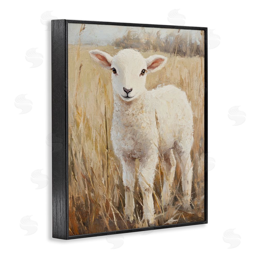 Petal Prints Design Curly Lamb in Grassy Field Black Framed Giclee Wall Art Print