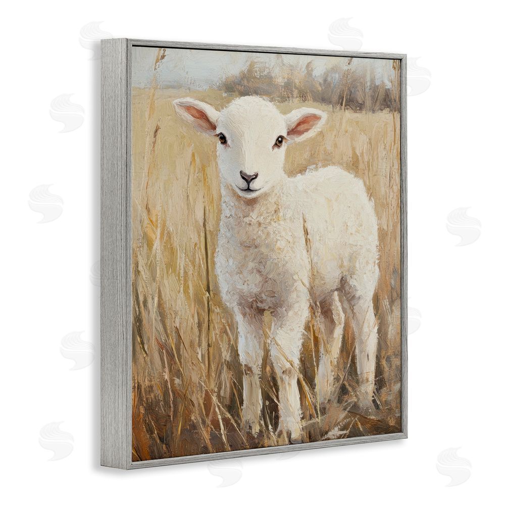 Petal Prints Design Curly Lamb in Grassy Field Gray Framed Giclee Wall Art Print