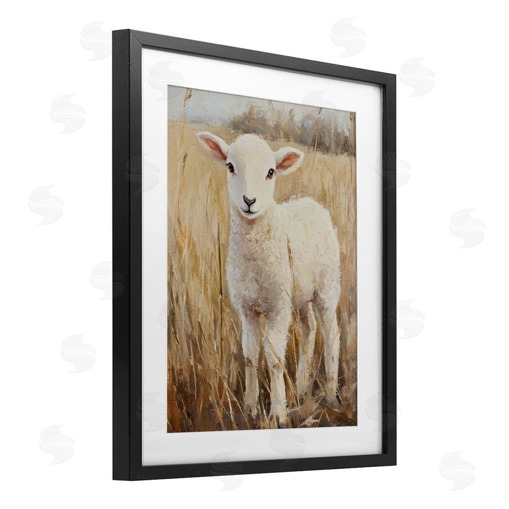 Petal Prints Design Curly Lamb in Grassy Field Black Framed Print Under Glass with White Mat Wall Art
