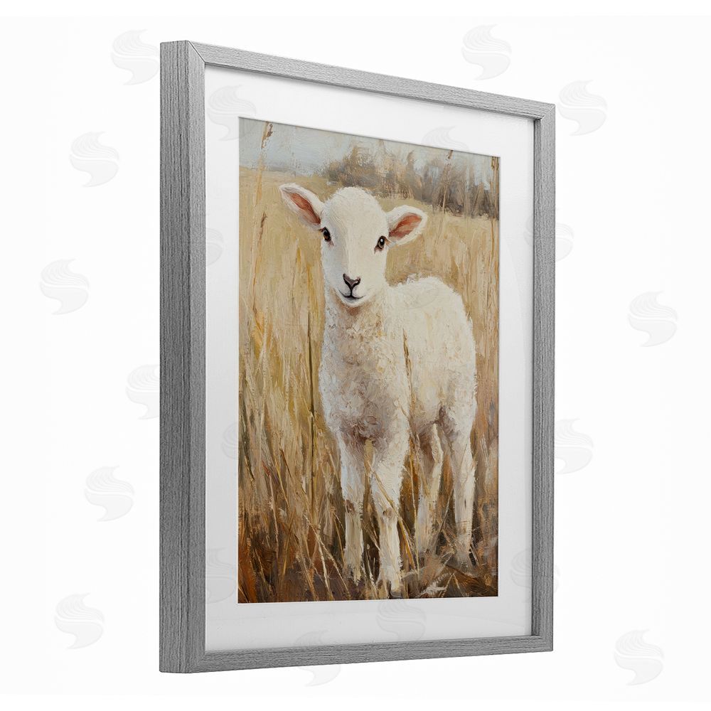Petal Prints Design Curly Lamb in Grassy Field Gray Framed Print Under Glass with White Mat Wall Art