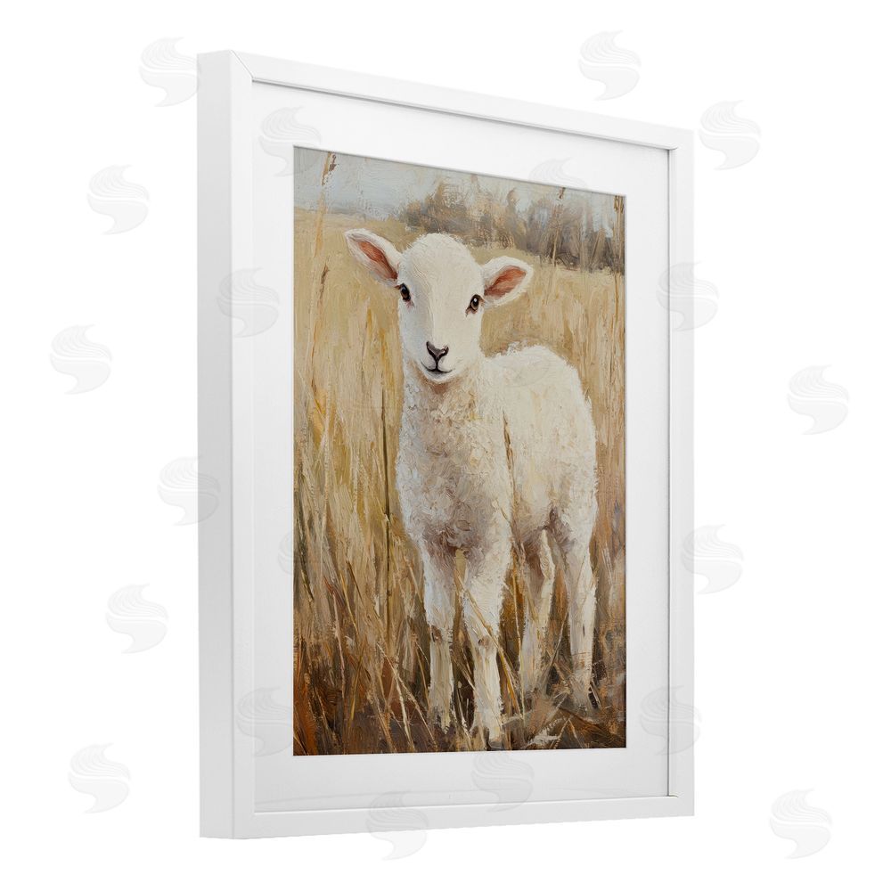 Petal Prints Design Curly Lamb in Grassy Field White Framed Print Under Glass with Mat Wall Art