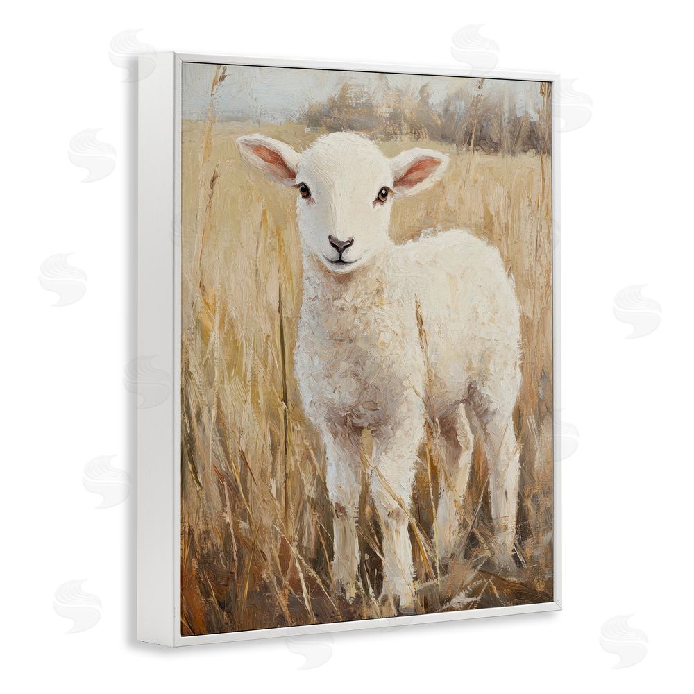 Petal Prints Design Curly Lamb in Grassy Field White Framed Giclee Wall Art Print