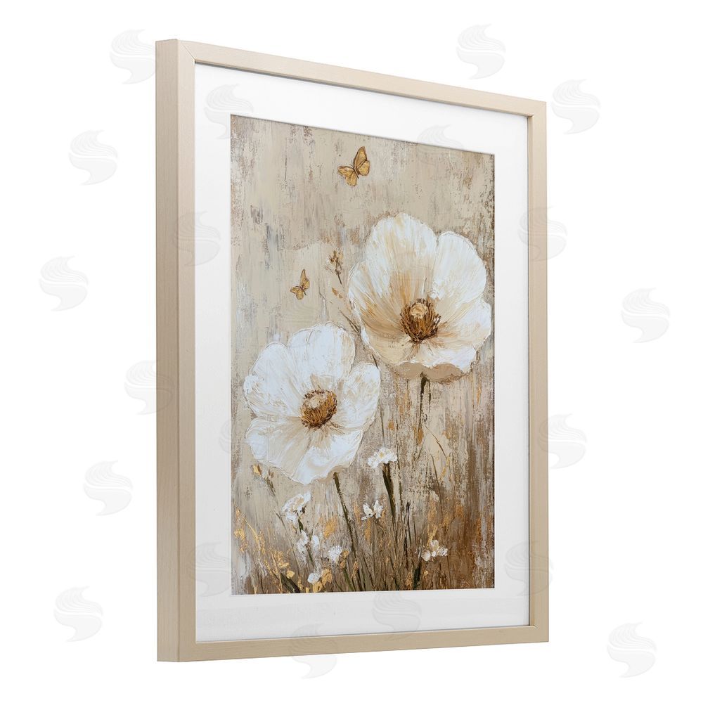 Petal Prints Design Ivory Florals and Butterfly Birch Framed Print Under Glass with White Mat Wall Art